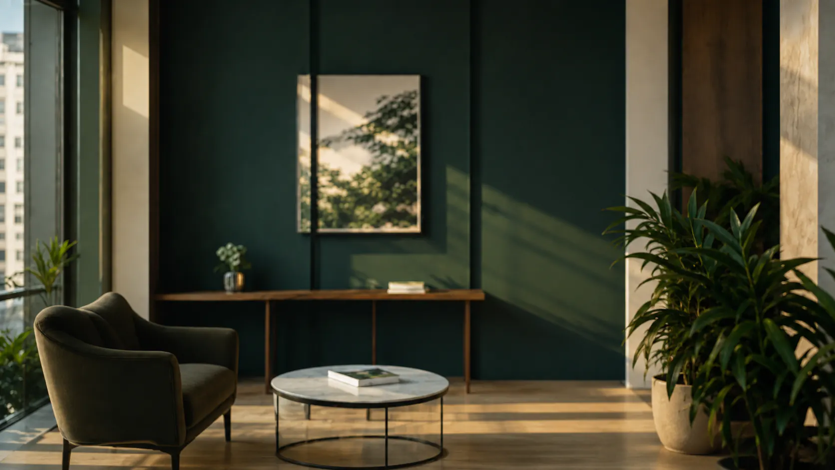 Ambiente de atendimento acolhedor em tons de verde, madeira e luz natural.